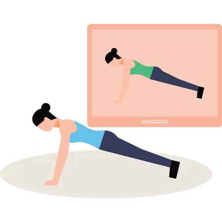 Girl Is Exercising By Watching Online Video Illustration