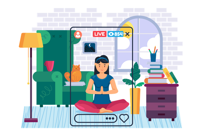 Female Yoga trainer doing live streaming on social media  Illustration