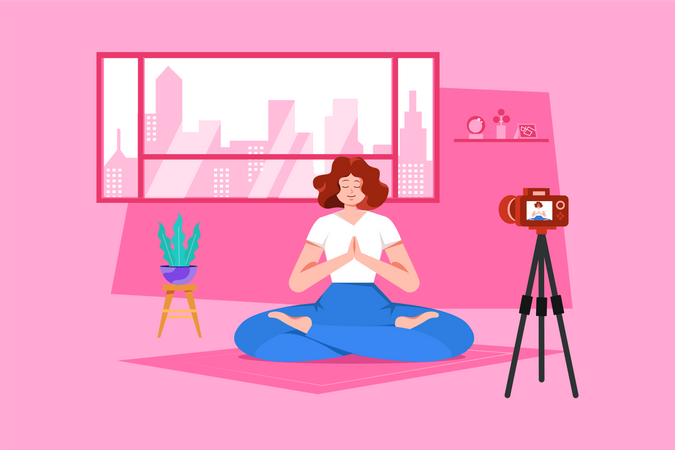 Female yoga trainer doing online streaming Illustration