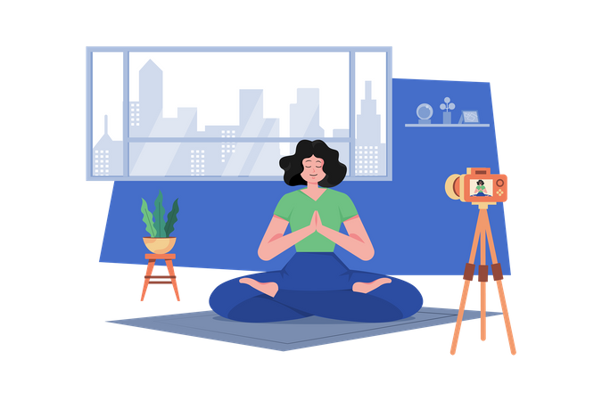 Female yoga trainer doing online streaming  Illustration