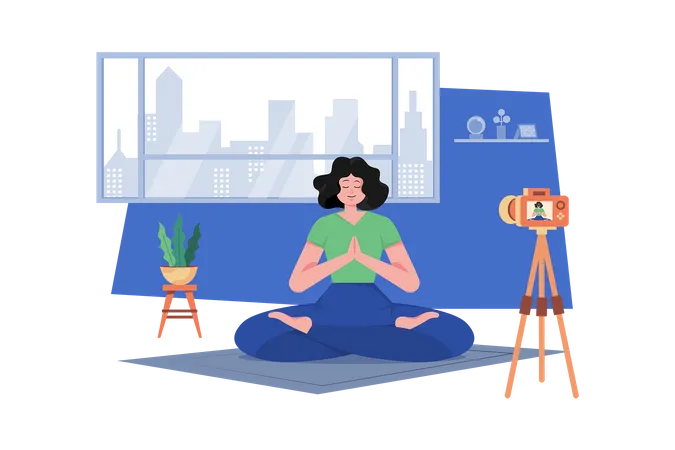 Female yoga trainer doing online streaming  Illustration