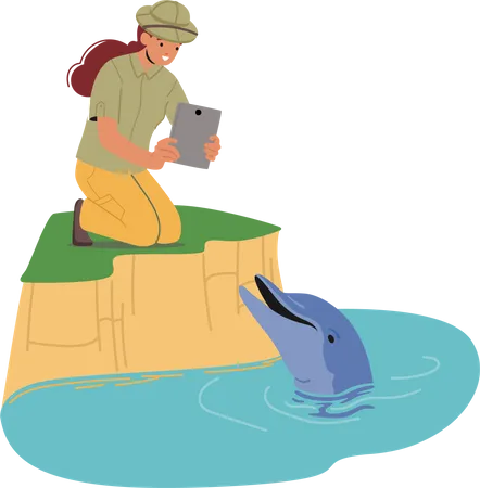 Female zoologist capture photograph of dolphin Illustration