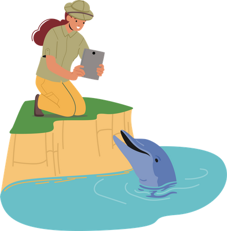 Female zoologist capture photograph of dolphin  Illustration