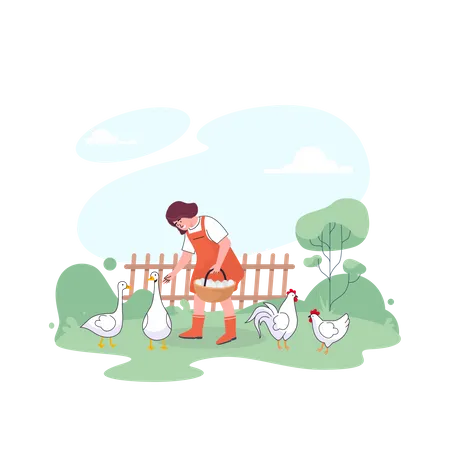Agricultora alimentando galinhas  Ilustração