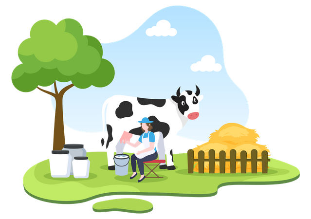 Agricultora ordenhando vaca  Ilustração