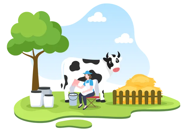 Agricultora ordenhando vaca  Ilustração