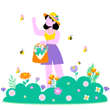 Fêmea coletando flores no jardim  Illustration