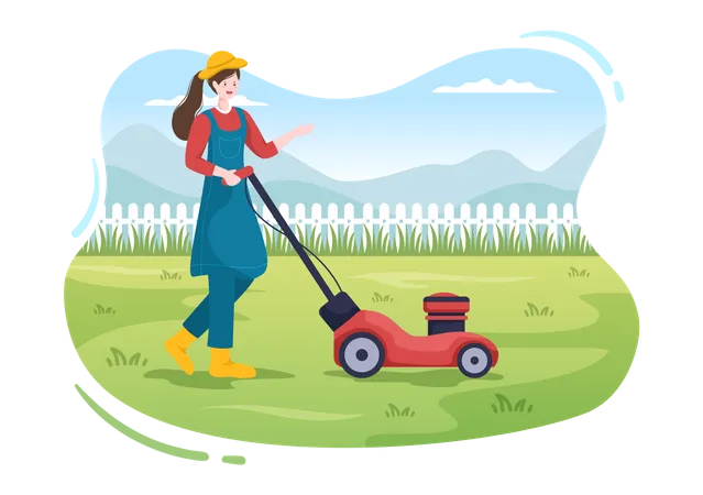 Mulher cortando grama verde  Ilustração