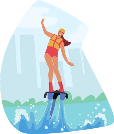 Personagem Feminina Voando Em Flyboard Pairando Sobre A Superficie Da Agua Impulsionada Por Jatos Dagua De Alta Pressao De Uma Embarcacao Pessoal Controlando O Movimento Da Prancha Ilustra O Vetorial De Desenho Animado Ilustração