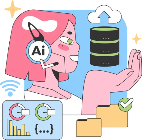 Chatbot IA féminin travaillant sur une base de données cloud  Illustration