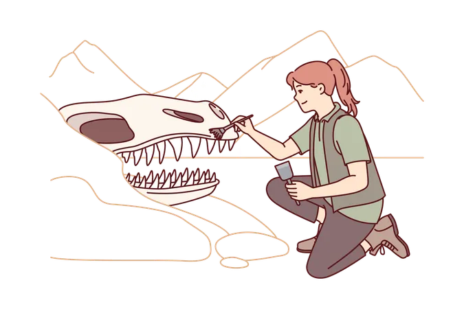 Archéologue féminine brossant le visage de dinosaure  Illustration
