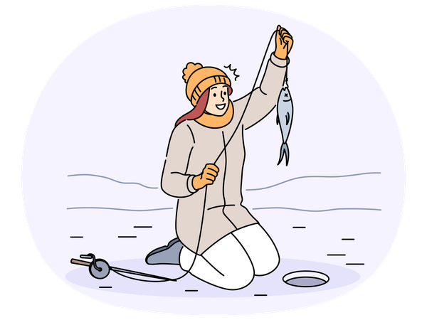 Une femelle attrape un poisson sur une rivière en hiver  Illustration