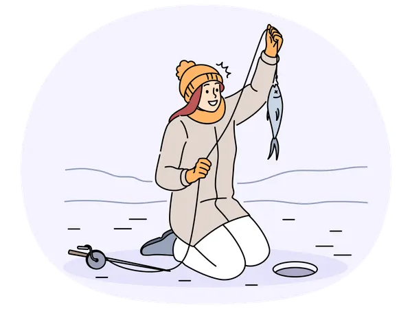 Une femelle attrape un poisson sur une rivière en hiver  Illustration
