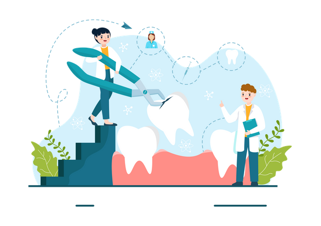 Dentiste femelle plantant une dent  Illustration