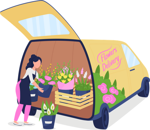 Fleuriste féminine déchargeant une auto avec des fleurs  Illustration