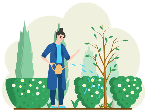 Jardinière féminine arrosant les plantes  Illustration