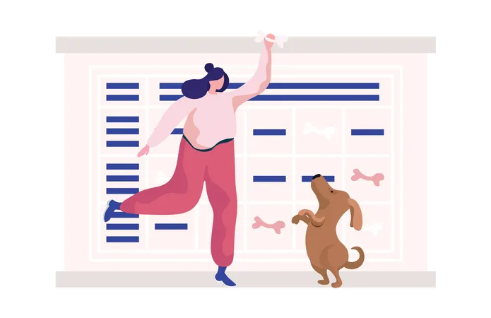 Femme jouant avec un chien  Illustration