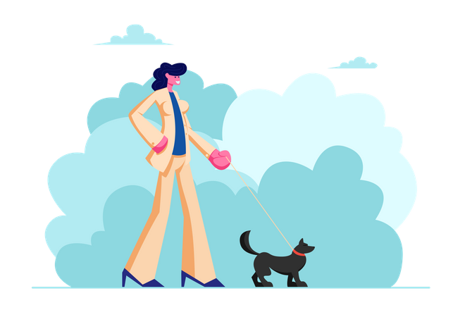 Femme marchant avec un chien dans le parc public de la ville  Illustration