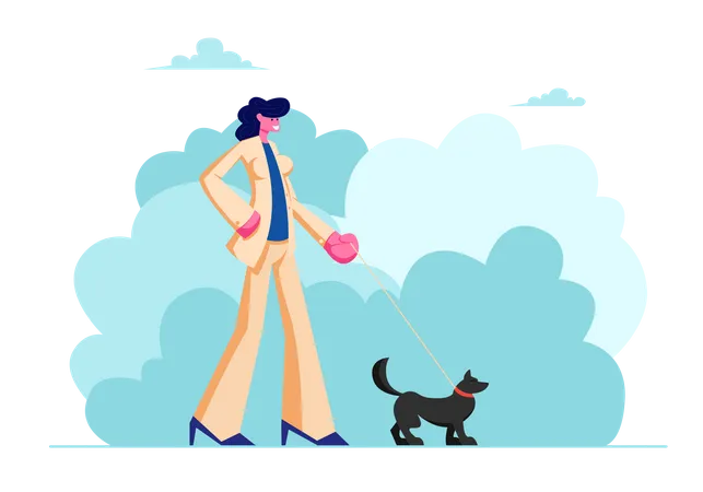 Femme marchant avec un chien dans le parc public de la ville  Illustration