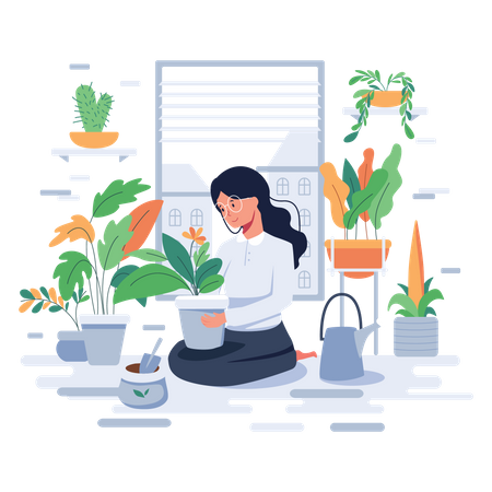 Femme s'occupant des plantes en pot  Illustration