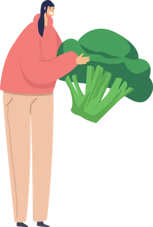 Femme tenant le brocoli dans les mains  Illustration