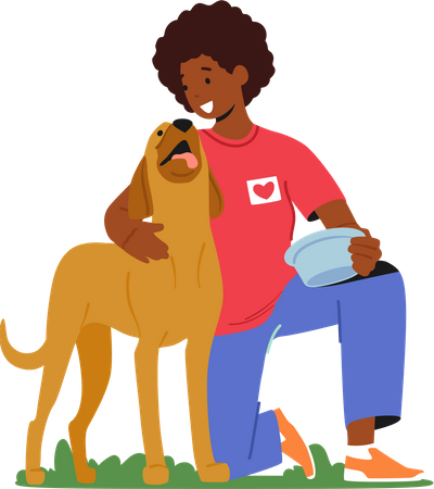 Femme bénévole nourrissant un chien dans un refuge pour animaux  Illustration