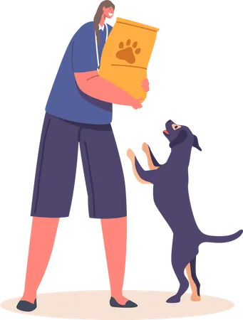 Bénévole femelle nourrissant des chiens dans un refuge pour animaux  Illustration