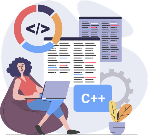 Desenvolvedor feminino C trabalhando no site  Ilustração