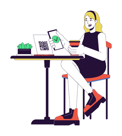 Cliente feminino de café digitalizando código qr  Ilustração