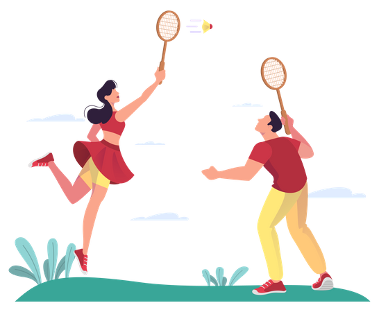 Feminino e masculino jogam badminton no parque  Ilustração