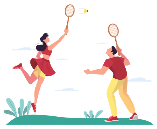 Feminino e masculino jogam badminton no parque  Ilustração