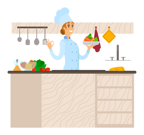 Masterchef feminino cozinhando comida no restaurante  Ilustração