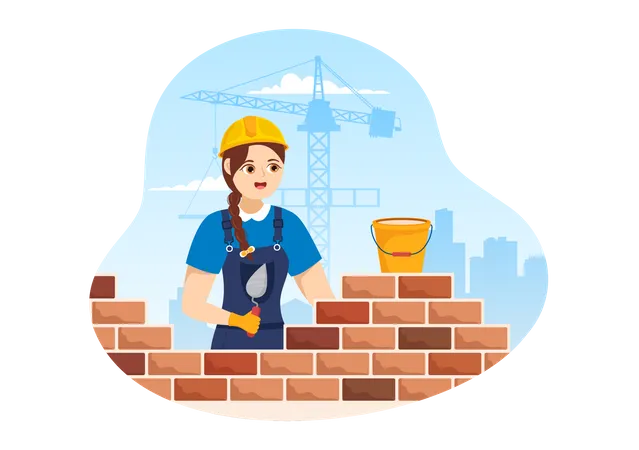 Pedreiro feminino colocando tijolo  Ilustração