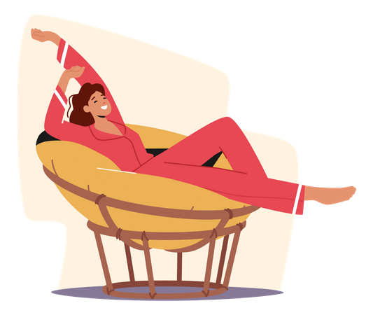 Mulher relaxando em cadeira redonda macia  Ilustração