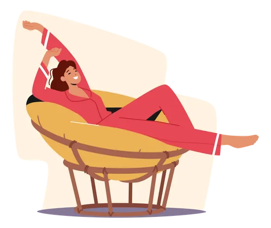 Personagem Feminina Em Pijama Alongando E Relaxando Em Uma Confortavel Cadeira Redonda Macia Mulher Usa Design De Decoracao Moderna Feito De Materiais Naturais Moveis Elegantes Para Casa Ilustra O Vetorial De Desenho Animado Ilustração