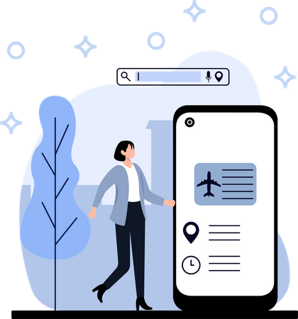 Mulher reserva passagem de avião no celular  Ilustração