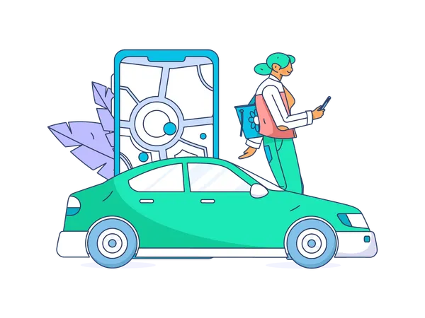 Feminino reservando táxi no aplicativo móvel  Ilustração