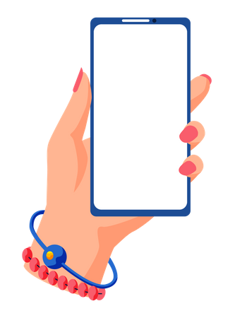 Mão feminina segurando smartphone e tela tocante. Telefone de ilustração vetorial plana com tela em branco  Ilustração