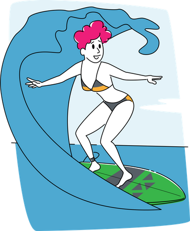 Mulher surfando na onda do mar  Ilustração