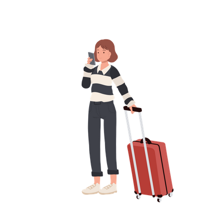 Femlae Tourist with luggage using mobile phone in airport  Illustration