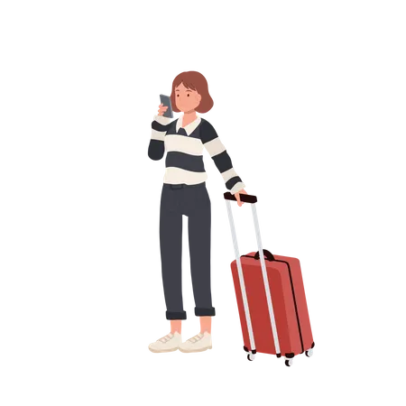 Femlae Tourist com bagagem usando celular no aeroporto  Ilustração