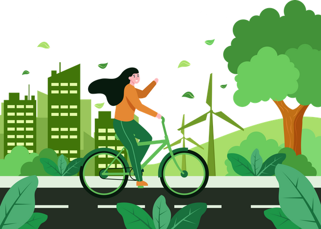 Femme faisant du vélo lors de la Journée mondiale sans voiture  Illustration