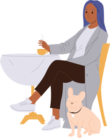 Une femme à la mode avec un adorable carlin visite une cafétéria acceptant les animaux de compagnie  Illustration