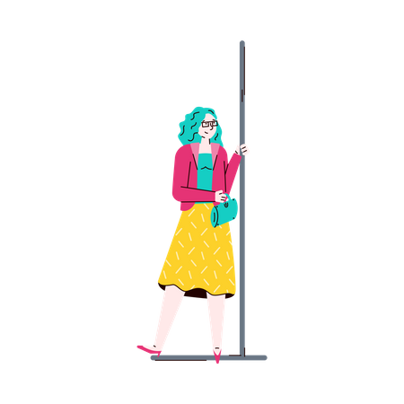 Femme à la mode tenant des rampes dans une rame de métro  Illustration