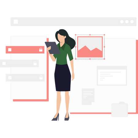 Femme regardant le fichier de conception ui ux  Illustration