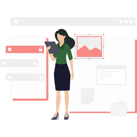 Femme regardant le fichier de conception ui ux  Illustration