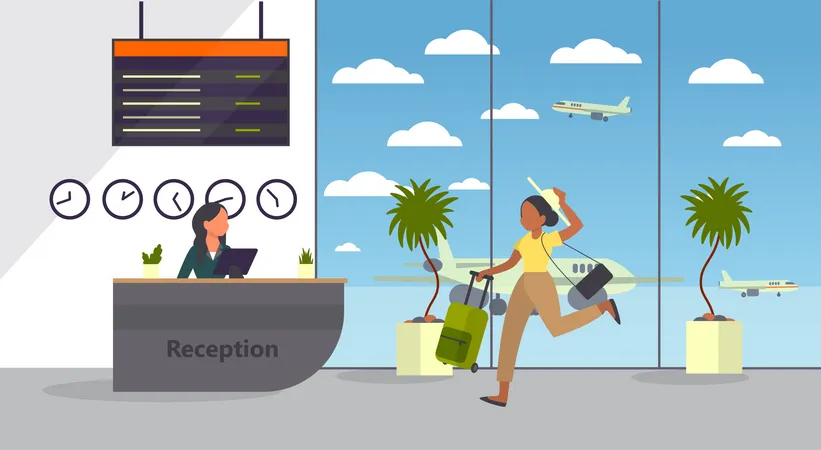 Femme à l'aéroport courant avec des bagages  Illustration