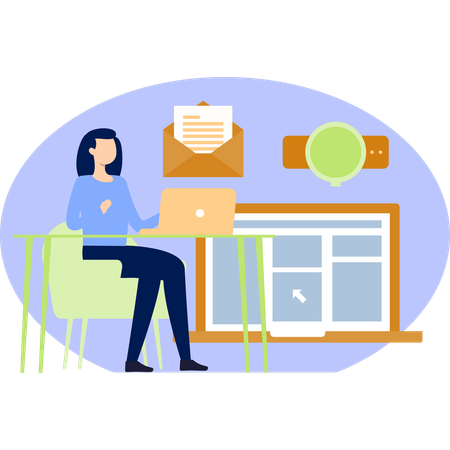 Femme à un bureau utilisant un ordinateur portable avec une tasse de café et des documents disposés autour de son espace de travail  Illustration