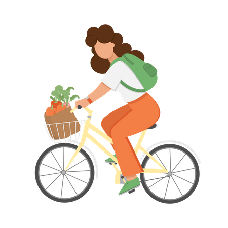 Femme faisant du vélo avec des légumes  Illustration