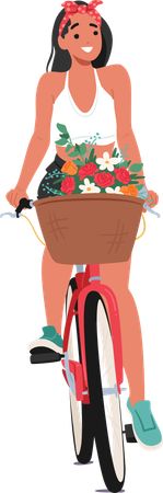 Une femme fait du vélo avec un panier rempli de fleurs tout en profitant d'une agréable journée  Illustration